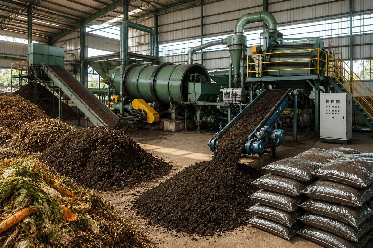 Organic fertilizer manufacturing facility producing high-quality compost and bio-based fertilizers for sustainable agriculture and soil health.